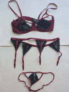 VIP Collection 3-Piece Burgundy and Black Lace Lingerie Set